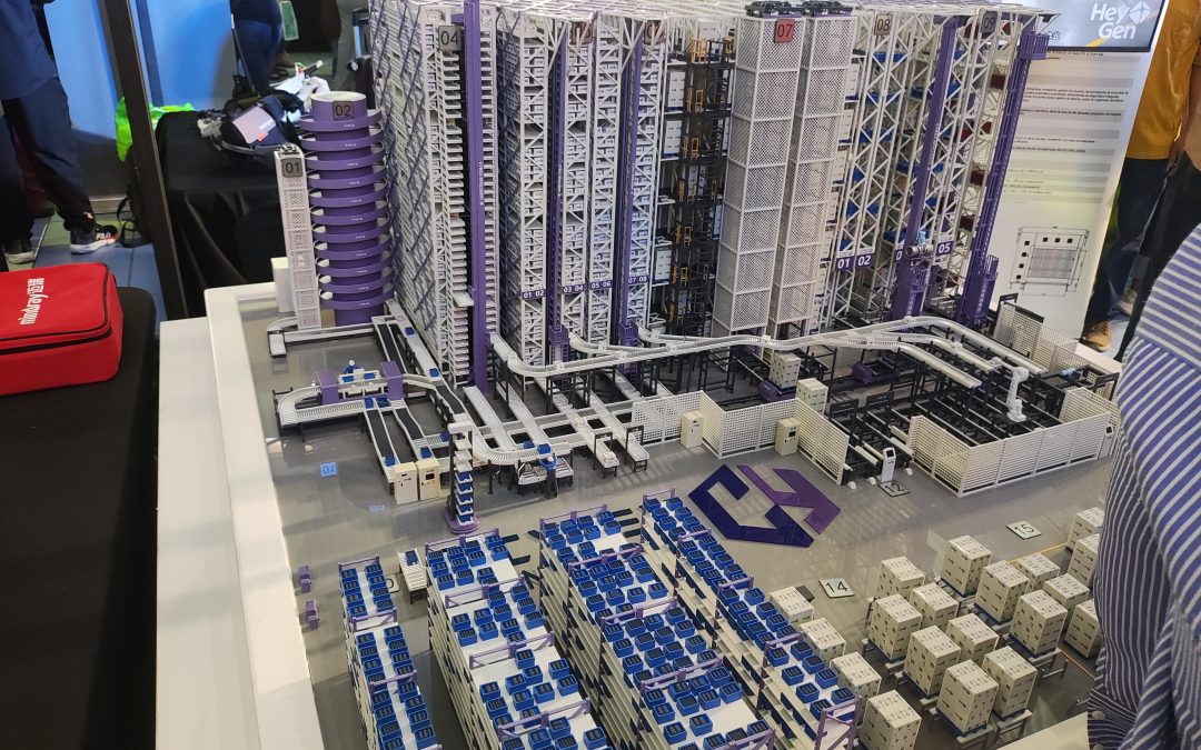 Fully automated warehouse model illustrating ASRS, conveyors and robotic material handling