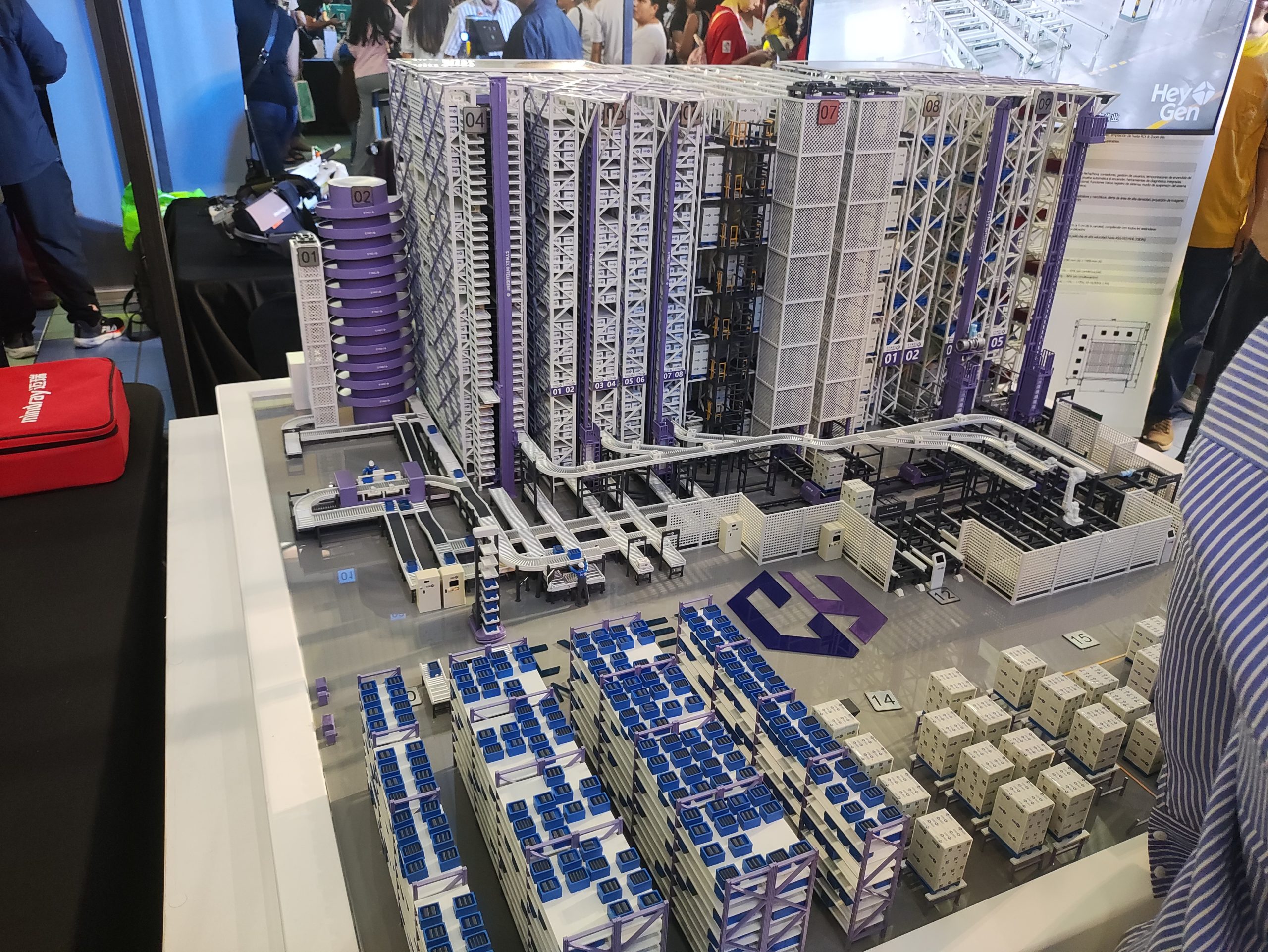 Automated warehouse model showing AS/RS, conveyors and robotic material handling
