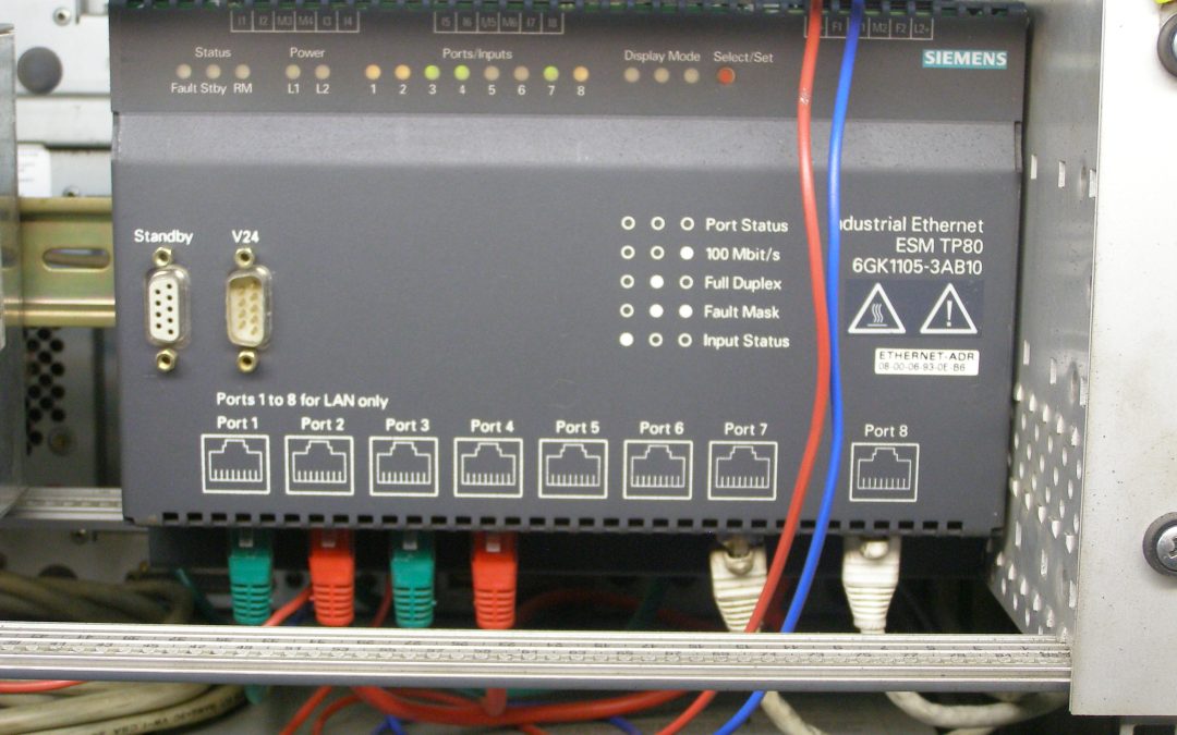 Industrial Ethernet switch in an automation cabinet, illustrating the move toward two-wire Single-Pair Ethernet field connectivity
