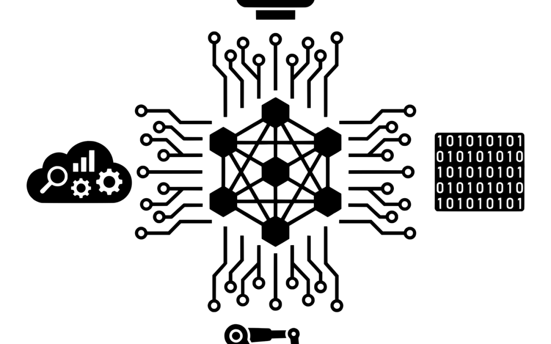 Illustration of an industrial automation data ecosystem linking robotics, cloud and AI